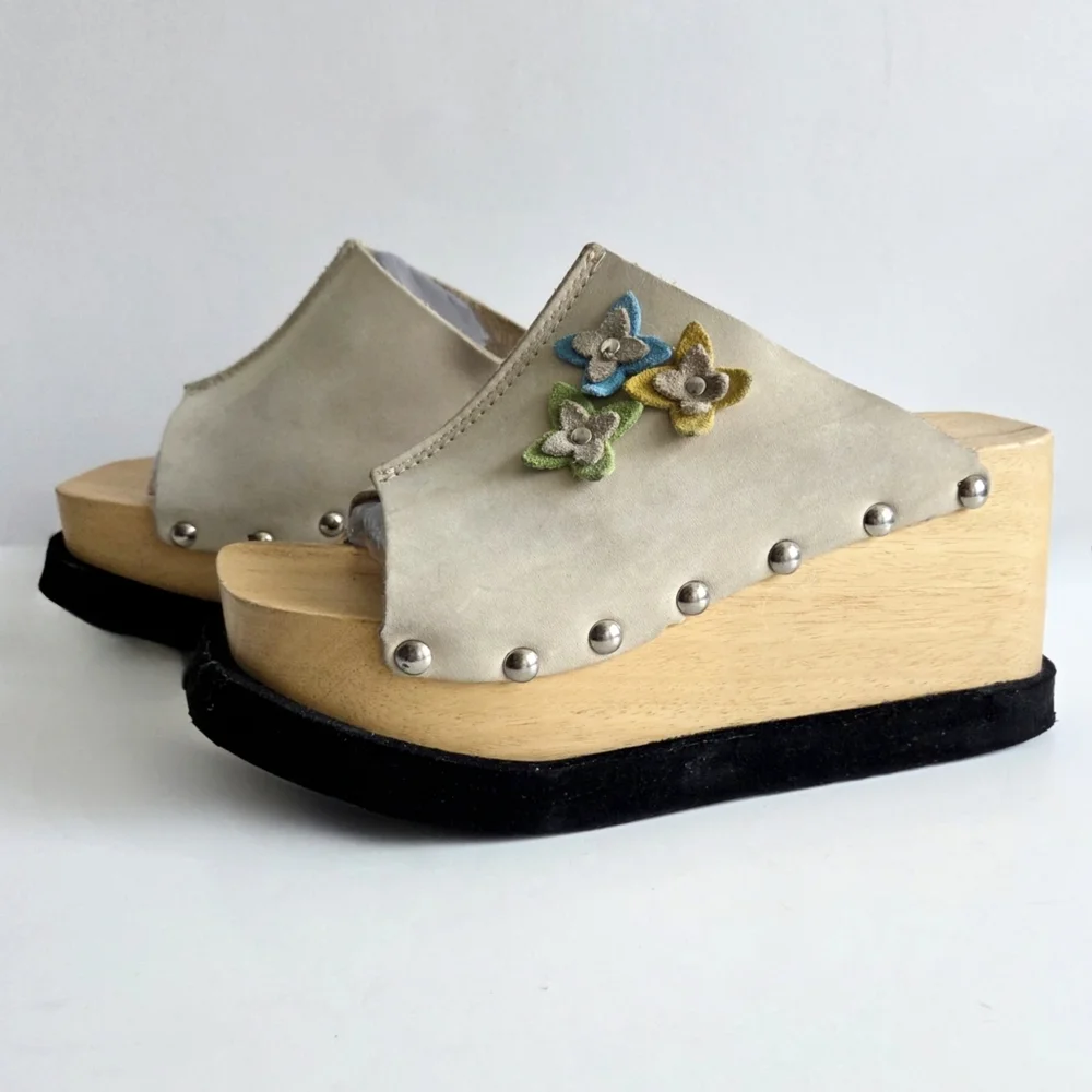 Thick Wood Platforms With Flower, Soft Floppy Leather Uppers & Silver Studs 7.5